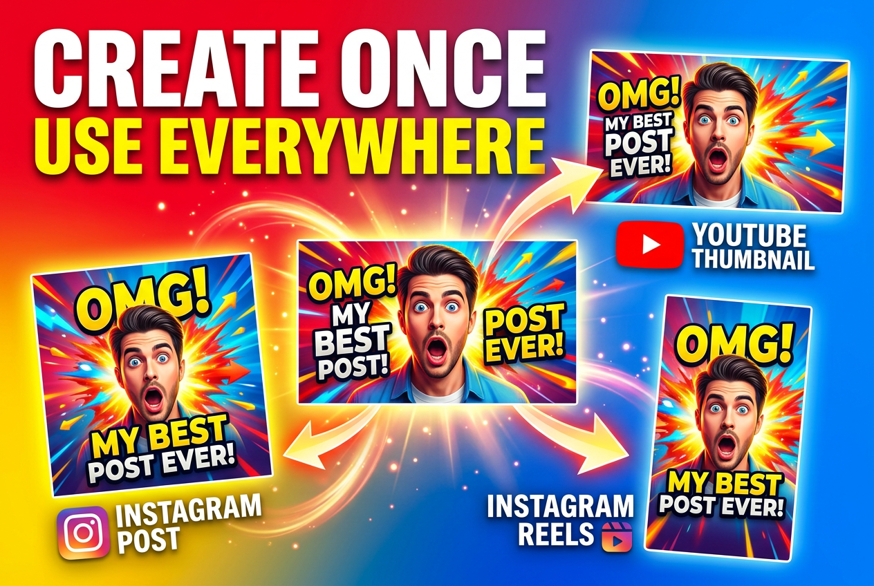 One thumbnail design auto-resizing into YouTube, Instagram, and Reels formats