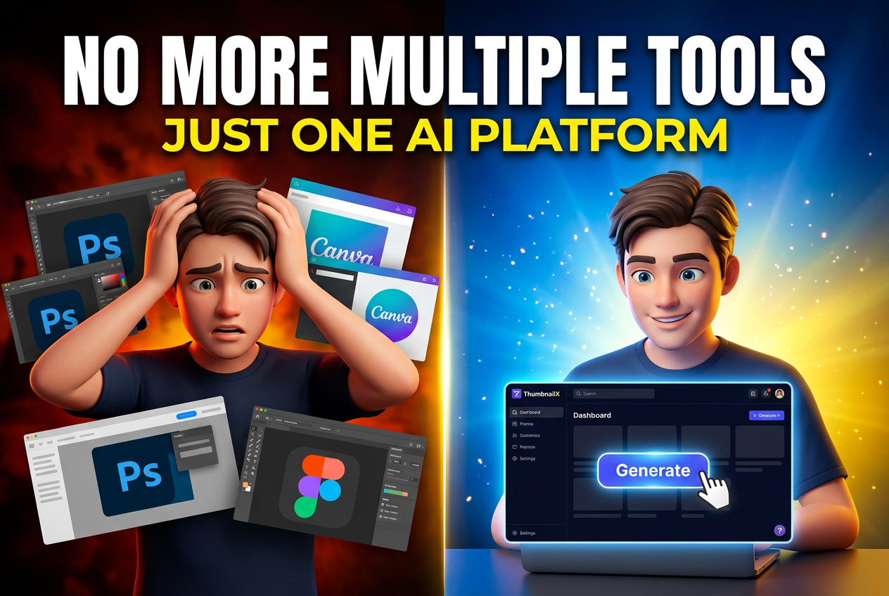 Stressed creator with multiple design tools vs. relaxed creator with one ViralX dashboard